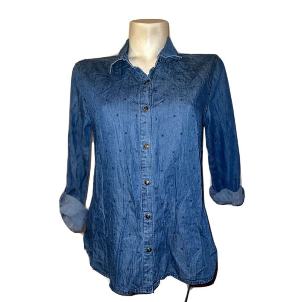 HARPER Women's Blue‎ Denim Star Print Button Down Long Sleeve Shirt Top Size S